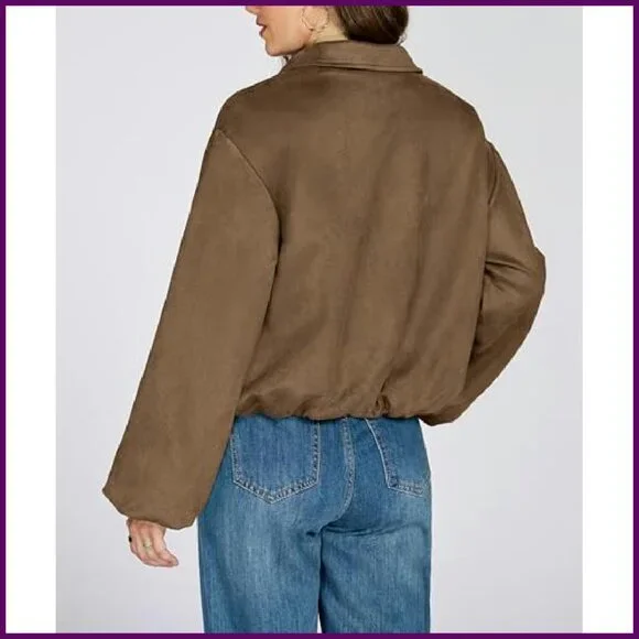 Faux Suede Cropped Bomber Jacket Women's Long Sleeve Zip Up Casual Outerwear